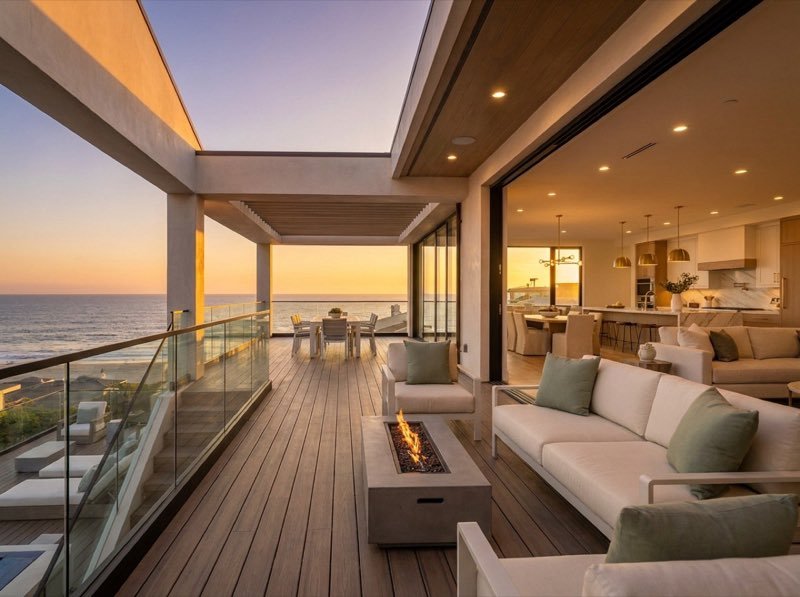 Design concept of an ocean-view terrace flowing into an open living room through retracted glass walls at sunset