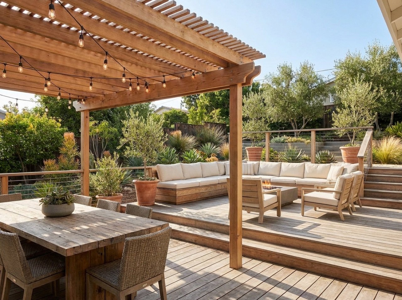 Elevated hardwood deck with cable railing overlooking a San Diego coastal backyard