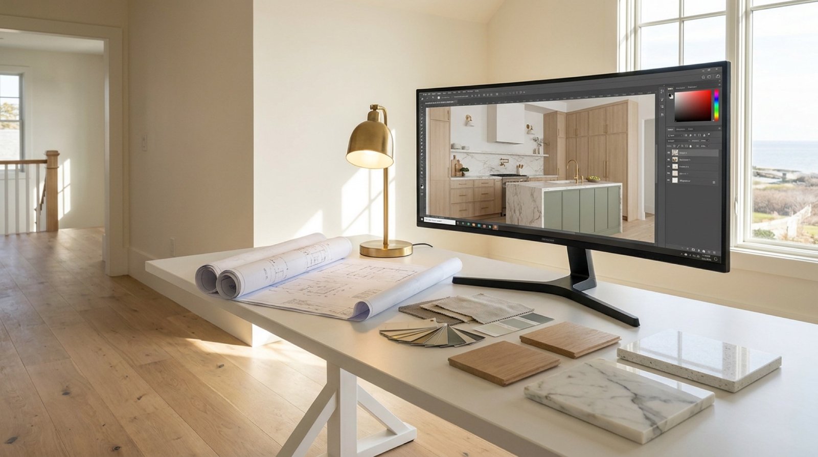 Photorealistic 3D kitchen design preview with material samples