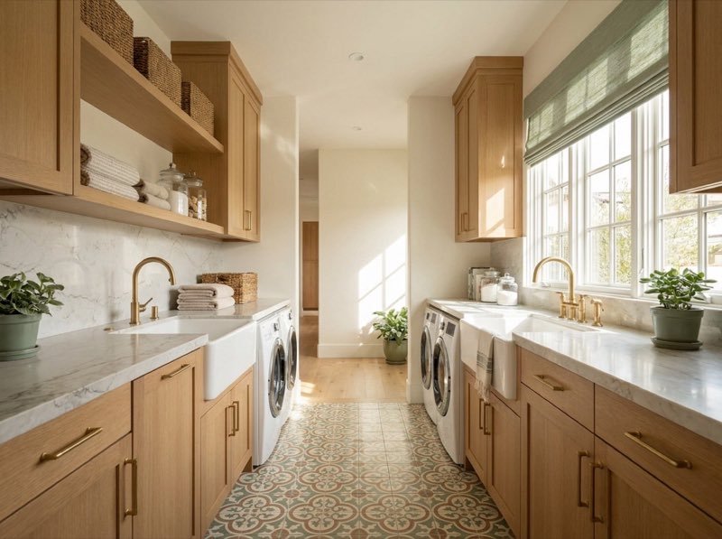 Laundry room design concept with custom cabinetry and durable surfaces