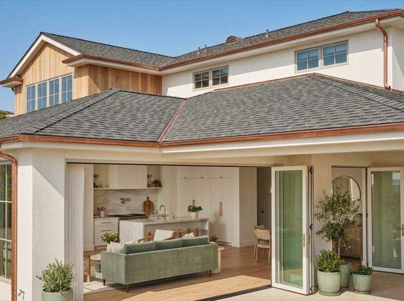 Design concept of a coastal home with architectural shingle roof above an open indoor-outdoor living space